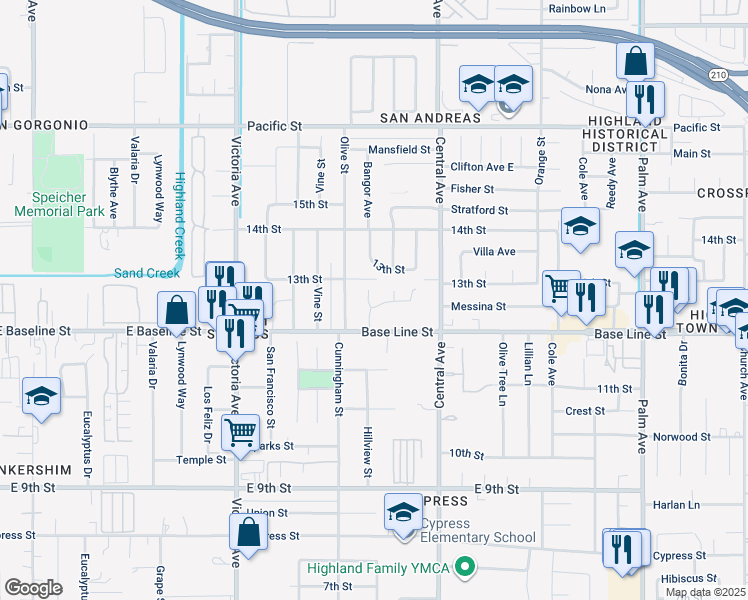 map of restaurants, bars, coffee shops, grocery stores, and more near 26732 Hillview Street in Highland