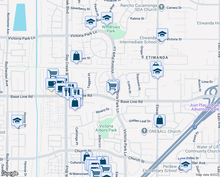 map of restaurants, bars, coffee shops, grocery stores, and more near 7265 Alicante Place in Rancho Cucamonga