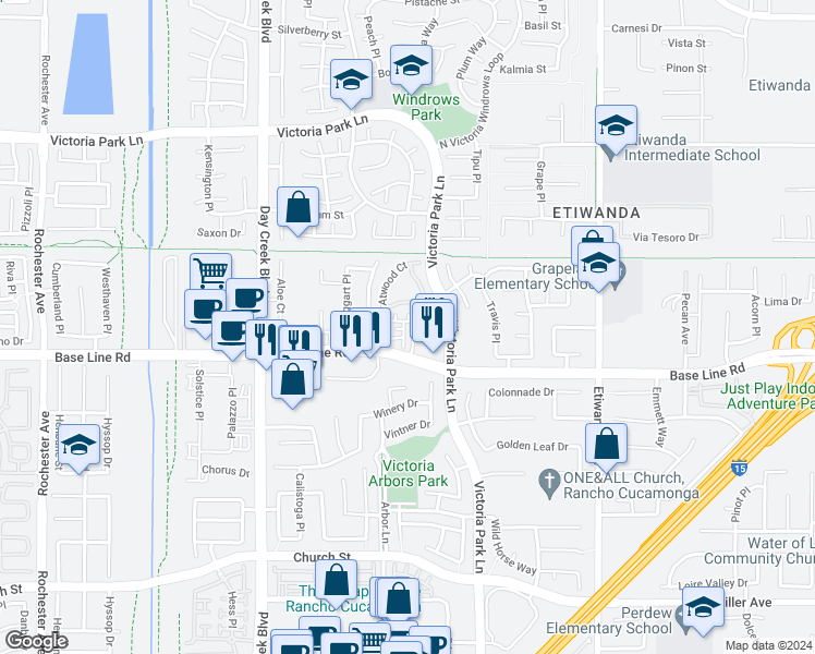 map of restaurants, bars, coffee shops, grocery stores, and more near 7265 Alicante Place in Rancho Cucamonga