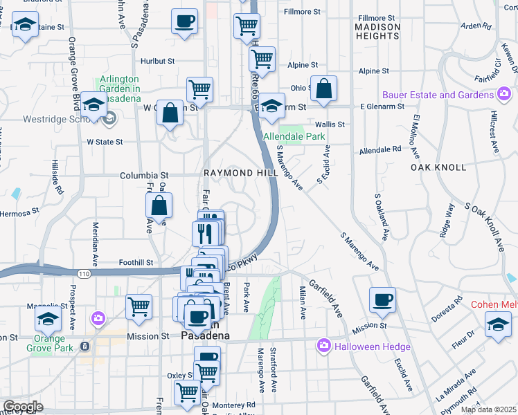 map of restaurants, bars, coffee shops, grocery stores, and more near 1600 Amberwood Drive in South Pasadena