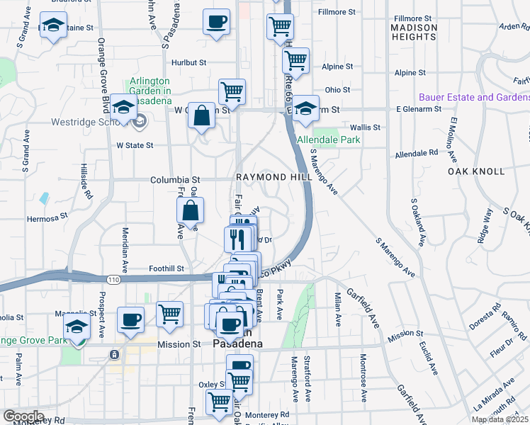 map of restaurants, bars, coffee shops, grocery stores, and more near 1660 Amberwood Drive in South Pasadena
