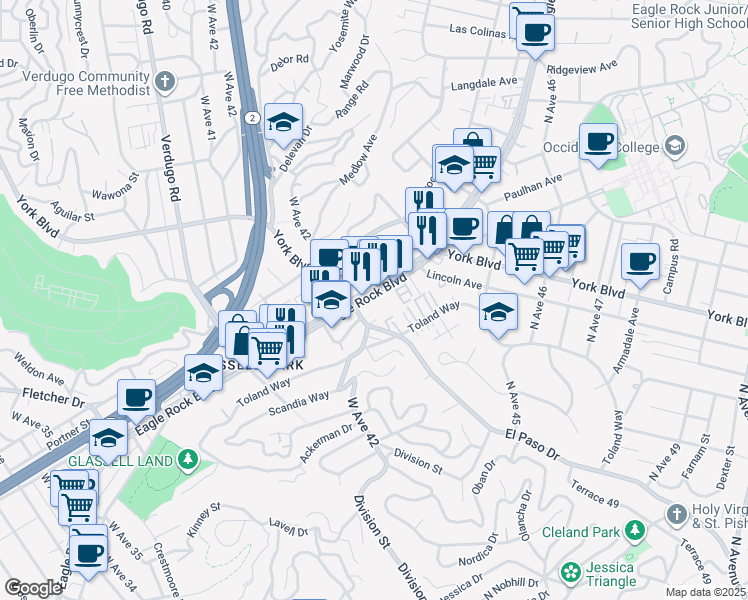 map of restaurants, bars, coffee shops, grocery stores, and more near 4236 Eagle Rock Boulevard in Los Angeles