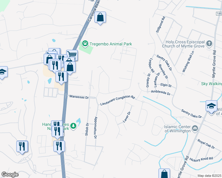 map of restaurants, bars, coffee shops, grocery stores, and more near 6149 Sand Ridge Avenue in Wilmington