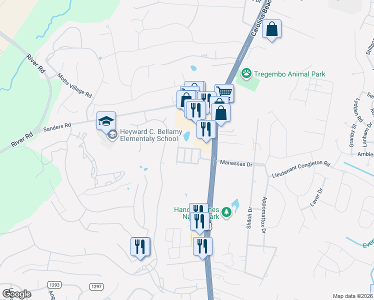 map of restaurants, bars, coffee shops, grocery stores, and more near 6009 Slipper Shell Street in Wilmington