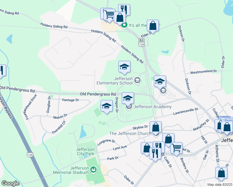 map of restaurants, bars, coffee shops, grocery stores, and more near 710 Old Pendergrass Road in Jefferson