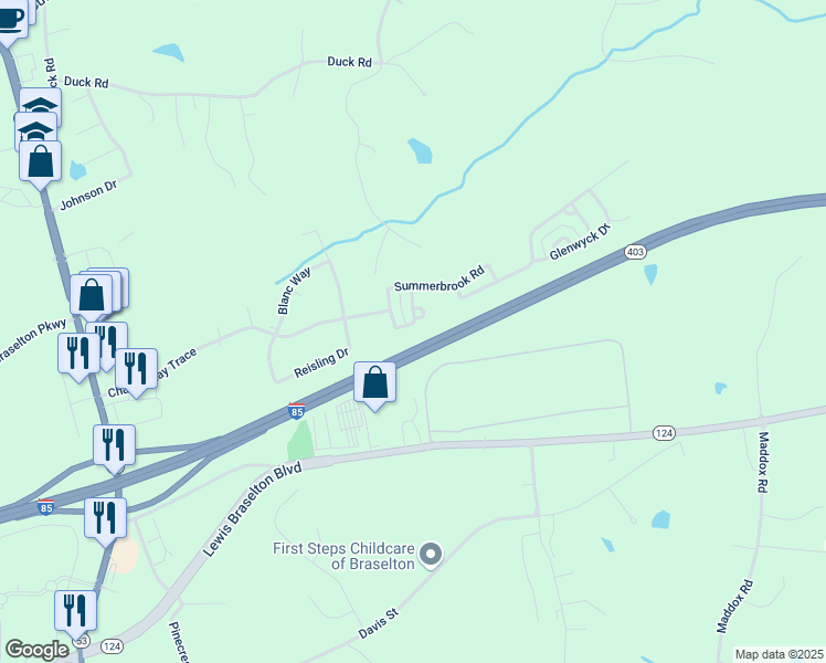 map of restaurants, bars, coffee shops, grocery stores, and more near 224 Brookstone Trail in Braselton