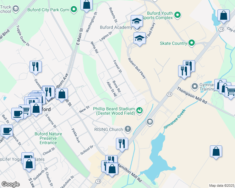 map of restaurants, bars, coffee shops, grocery stores, and more near 472 Silver Street Northeast in Buford