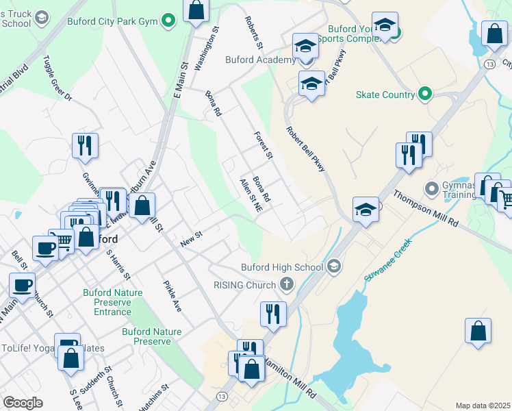 map of restaurants, bars, coffee shops, grocery stores, and more near 472 Silver Street Northeast in Buford