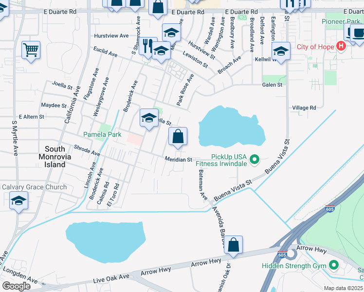 map of restaurants, bars, coffee shops, grocery stores, and more near 845 Meridian Street in Duarte