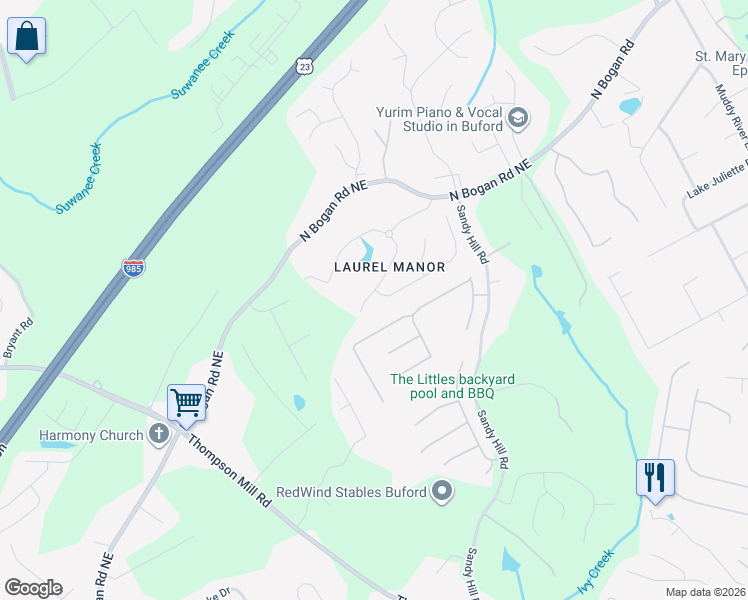 map of restaurants, bars, coffee shops, grocery stores, and more near 3329 Lily Magnolia Court in Buford
