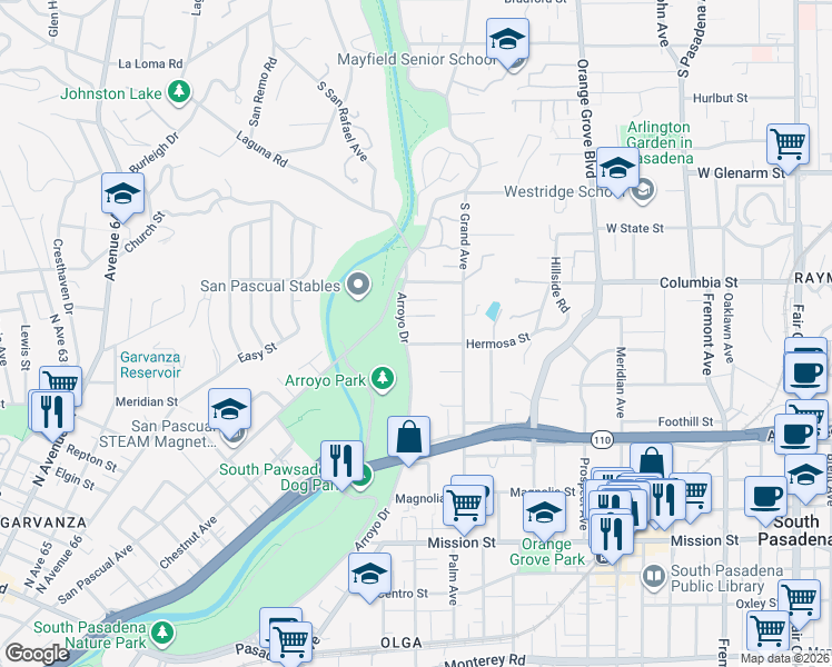 map of restaurants, bars, coffee shops, grocery stores, and more near 314 Arroyo Drive in South Pasadena