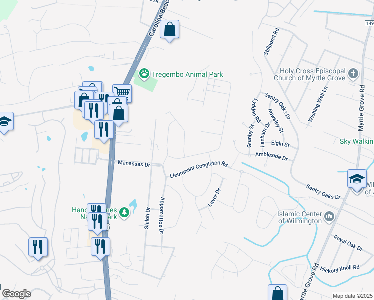map of restaurants, bars, coffee shops, grocery stores, and more near 6149 Sand Ridge Avenue in Wilmington