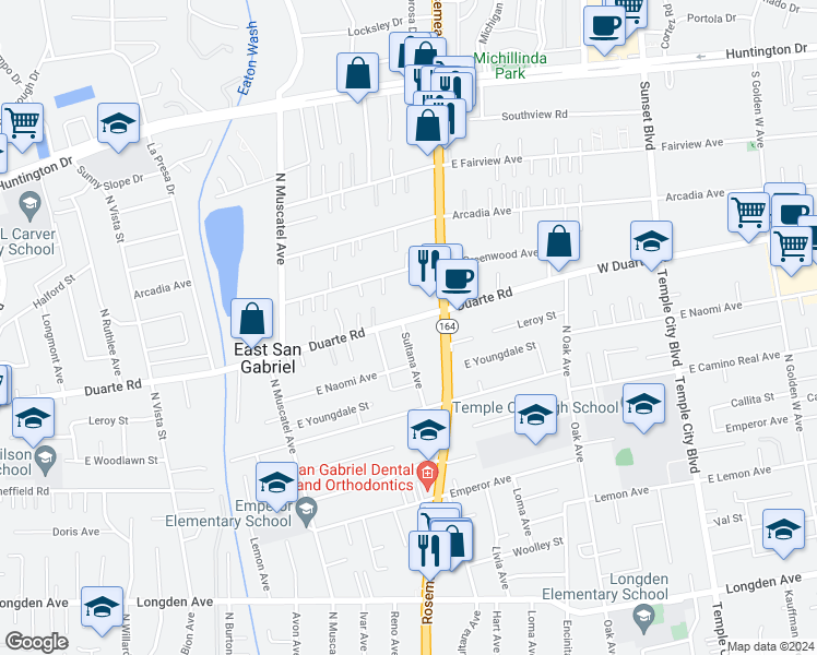 map of restaurants, bars, coffee shops, grocery stores, and more near 8938 Duarte Road in San Gabriel
