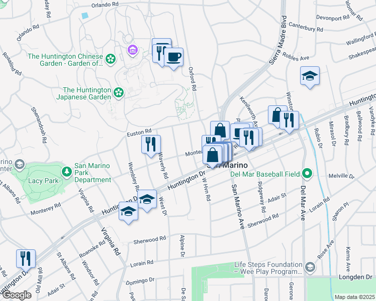 map of restaurants, bars, coffee shops, grocery stores, and more near 4150 Monterey Road in San Marino