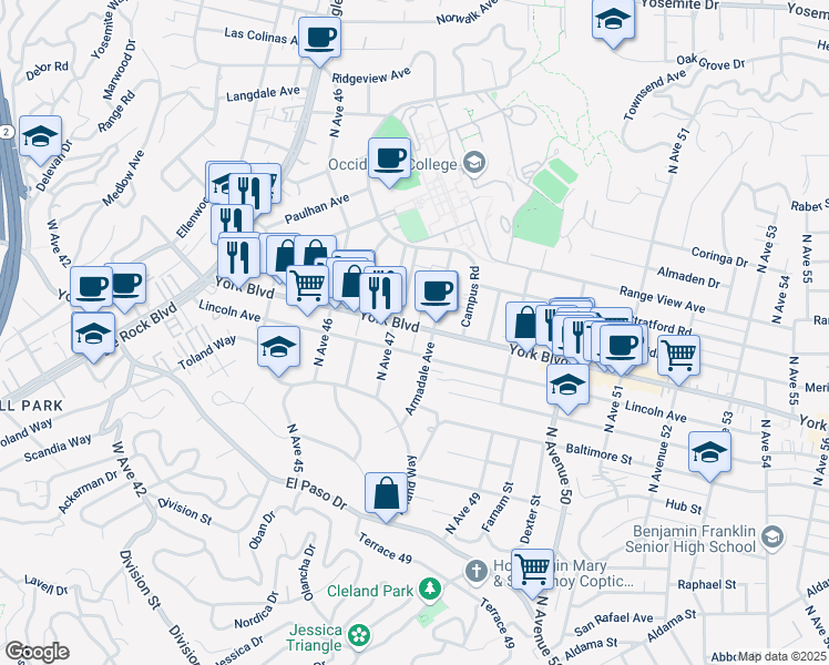 map of restaurants, bars, coffee shops, grocery stores, and more near in Los Angeles