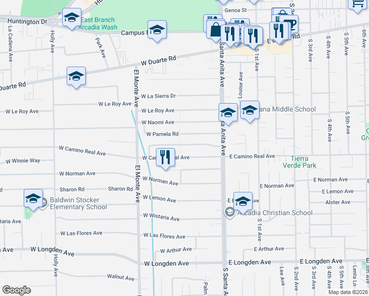 map of restaurants, bars, coffee shops, grocery stores, and more near 105 West Camino Real Avenue in Arcadia