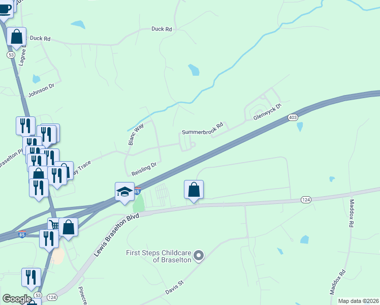 map of restaurants, bars, coffee shops, grocery stores, and more near 224 Brookstone Trail in Braselton