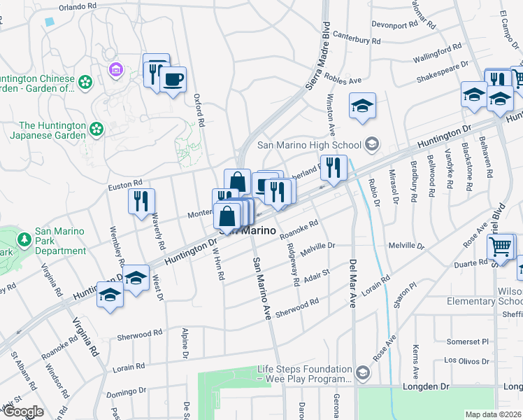 map of restaurants, bars, coffee shops, grocery stores, and more near 2275 Huntington Drive in San Marino