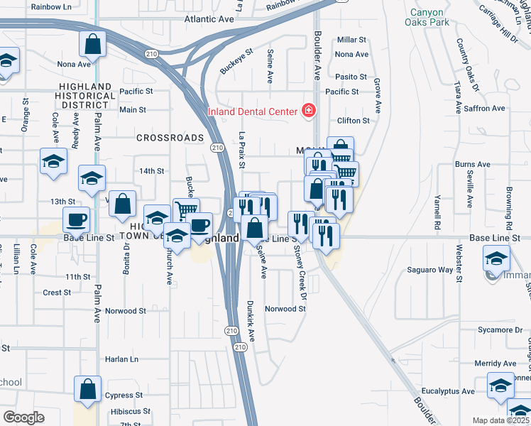 map of restaurants, bars, coffee shops, grocery stores, and more near 7231 Seine Avenue in Highland