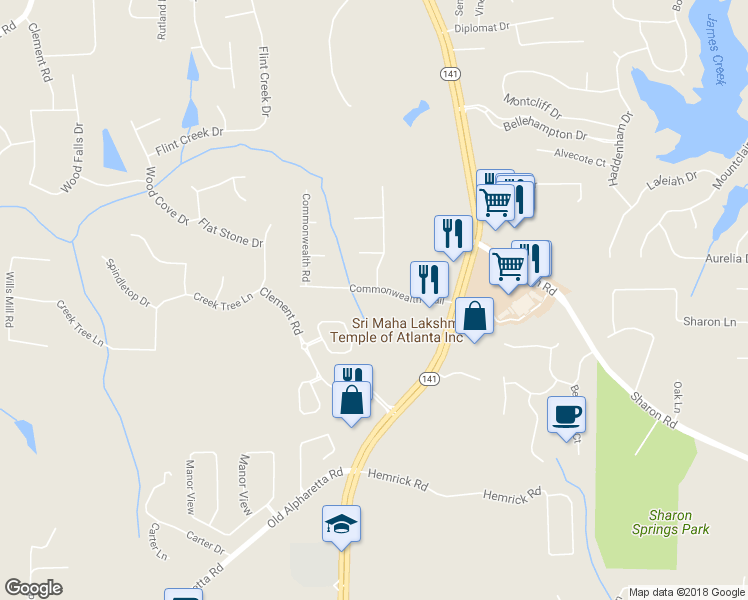 map of restaurants, bars, coffee shops, grocery stores, and more near 1710 Commonwealth Trail in Cumming