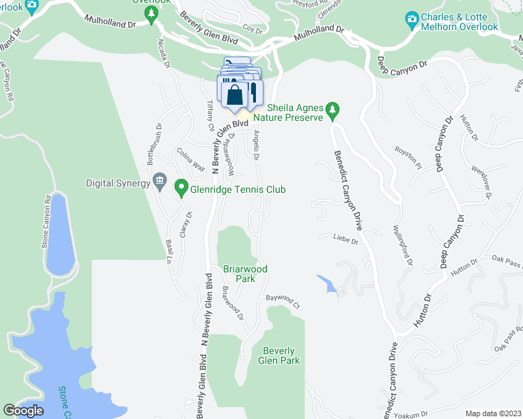 map of restaurants, bars, coffee shops, grocery stores, and more near Angelo Drive & Mossy Rock Circle in Los Angeles