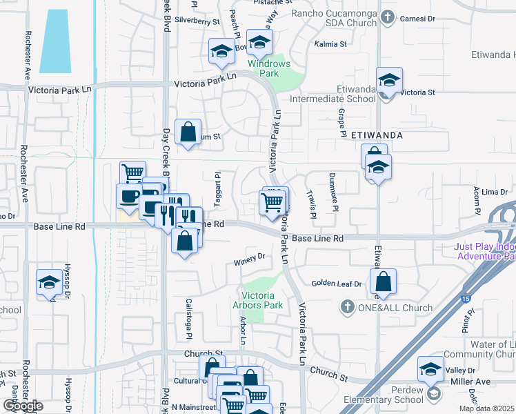 map of restaurants, bars, coffee shops, grocery stores, and more near 12531 Elevage Drive in Rancho Cucamonga