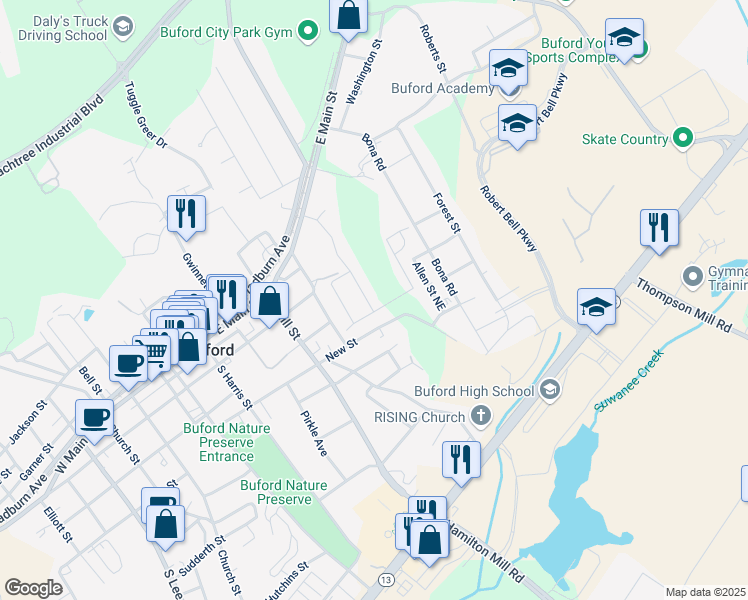 map of restaurants, bars, coffee shops, grocery stores, and more near 4933 Greenard Watson Lane in Buford