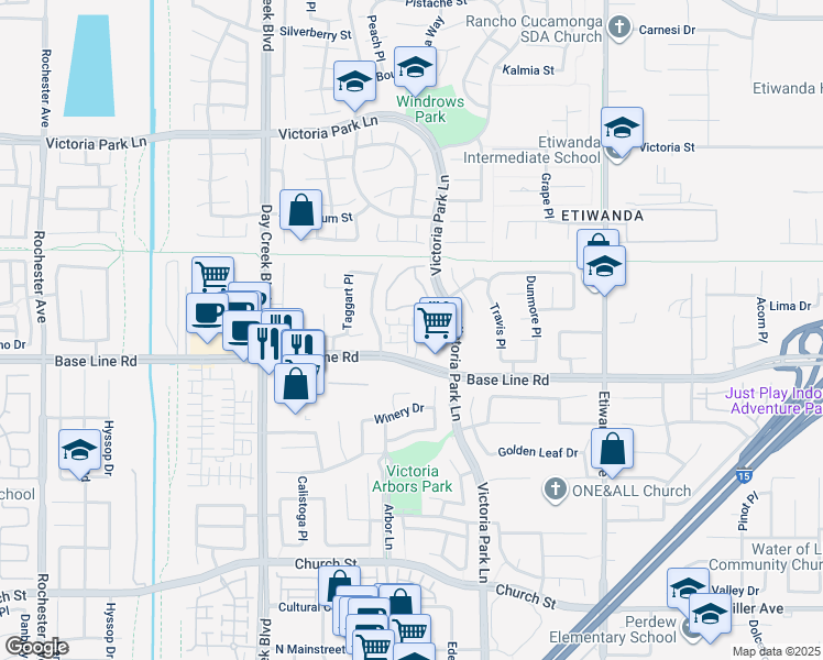 map of restaurants, bars, coffee shops, grocery stores, and more near 12531 Elevage Drive in Rancho Cucamonga
