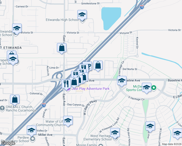 map of restaurants, bars, coffee shops, grocery stores, and more near 13541 Hatcher Place in Fontana