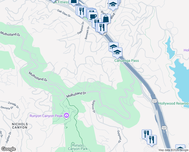 map of restaurants, bars, coffee shops, grocery stores, and more near 7206 Sunnydip Trail in Los Angeles