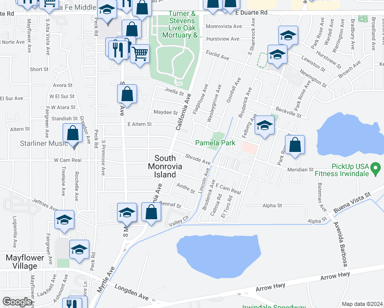 map of restaurants, bars, coffee shops, grocery stores, and more near 453 Shrode Avenue in Duarte