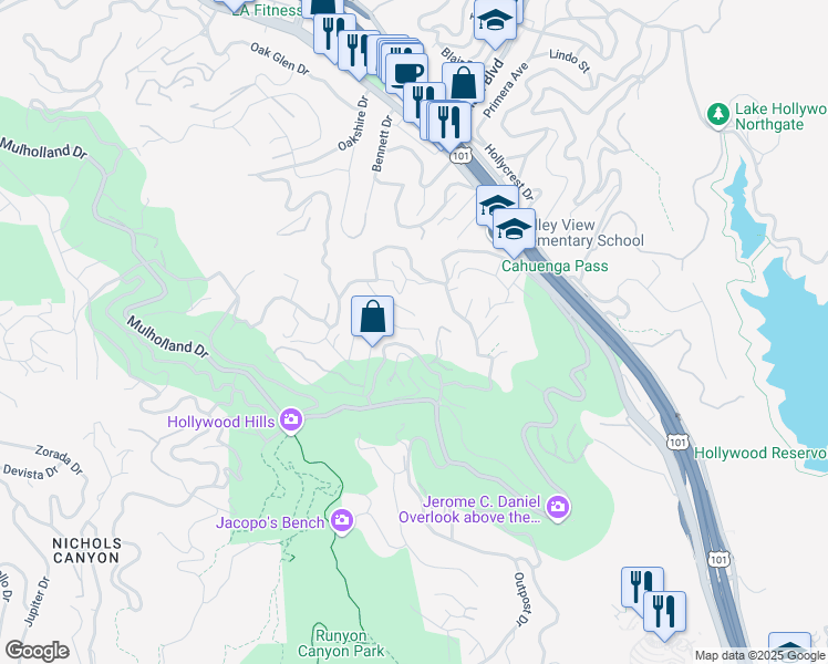map of restaurants, bars, coffee shops, grocery stores, and more near 7206 Sunnydip Trail in Los Angeles