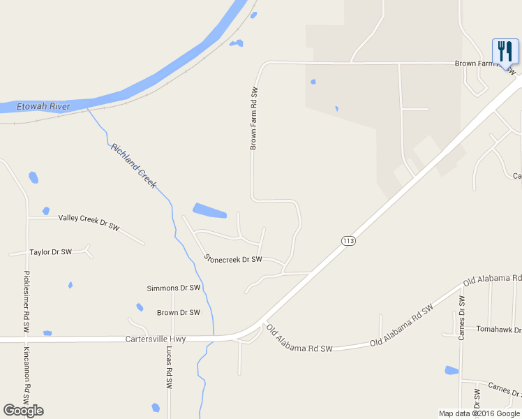 map of restaurants, bars, coffee shops, grocery stores, and more near 500 Brown Farm Road Southwest in Cartersville