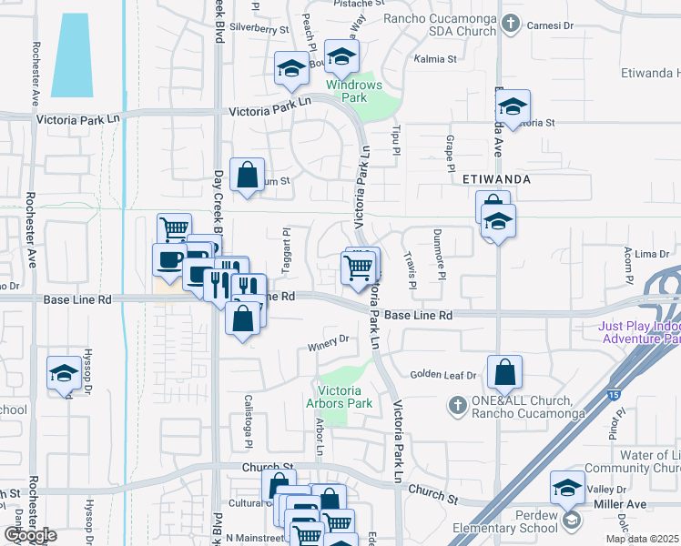 map of restaurants, bars, coffee shops, grocery stores, and more near 7265 Alicante Place in Rancho Cucamonga