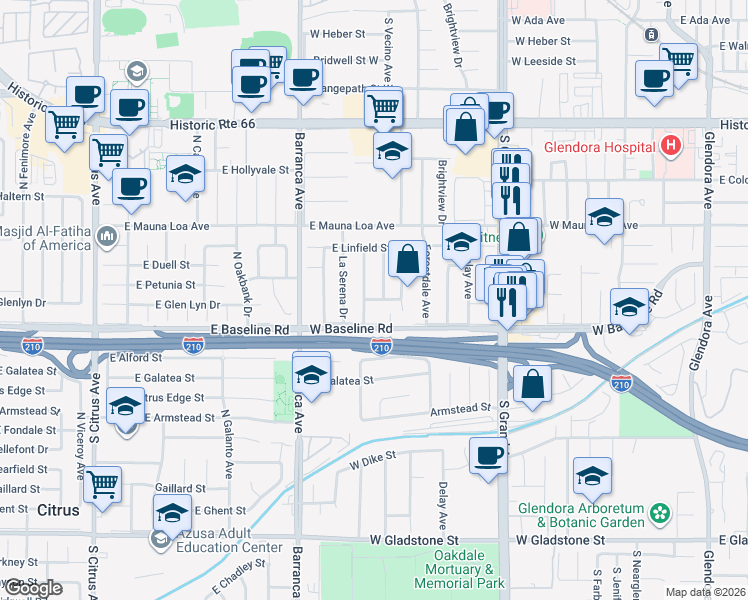 map of restaurants, bars, coffee shops, grocery stores, and more near 638 West Glen Lyn Drive in Glendora
