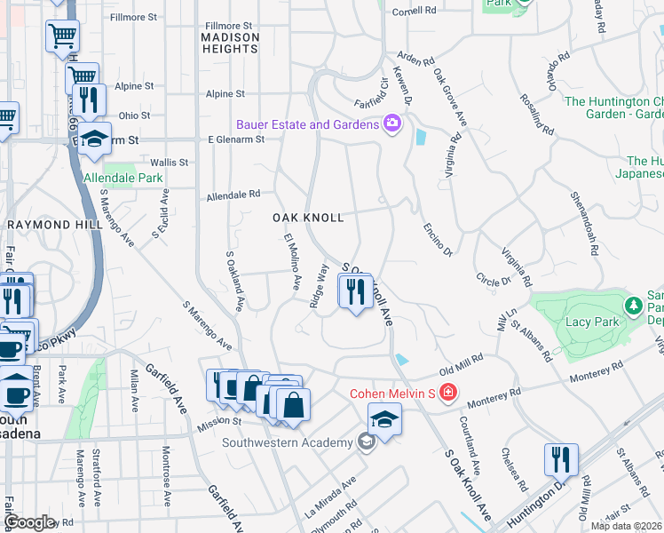 map of restaurants, bars, coffee shops, grocery stores, and more near 1385 Wentworth Avenue in Pasadena