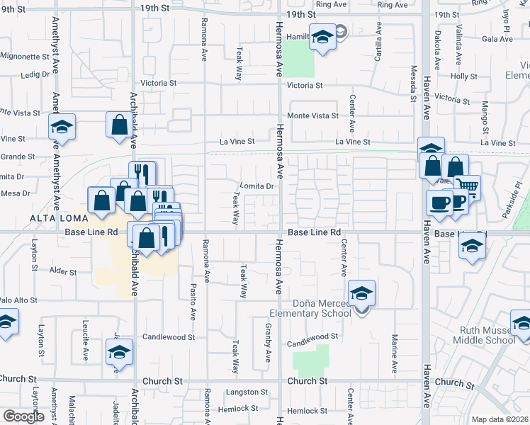 map of restaurants, bars, coffee shops, grocery stores, and more near Hermosa Avenue in Rancho Cucamonga
