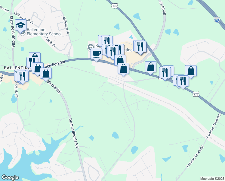 map of restaurants, bars, coffee shops, grocery stores, and more near 109 Willard Bouknight Road in Irmo