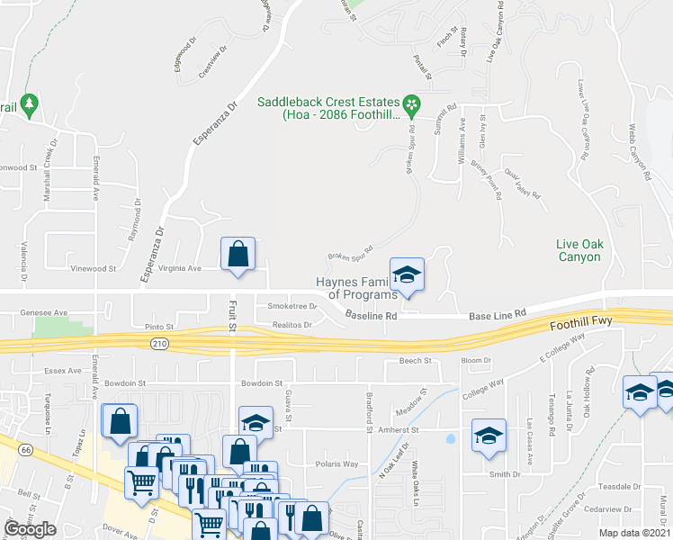 map of restaurants, bars, coffee shops, grocery stores, and more near 521 Baseline Road in La Verne
