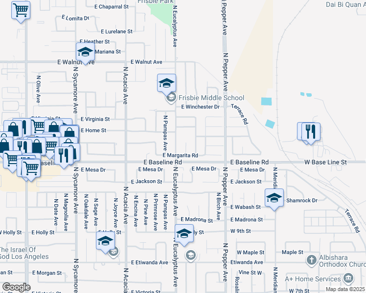 map of restaurants, bars, coffee shops, grocery stores, and more near 1264 North Mulberry Avenue in Rialto