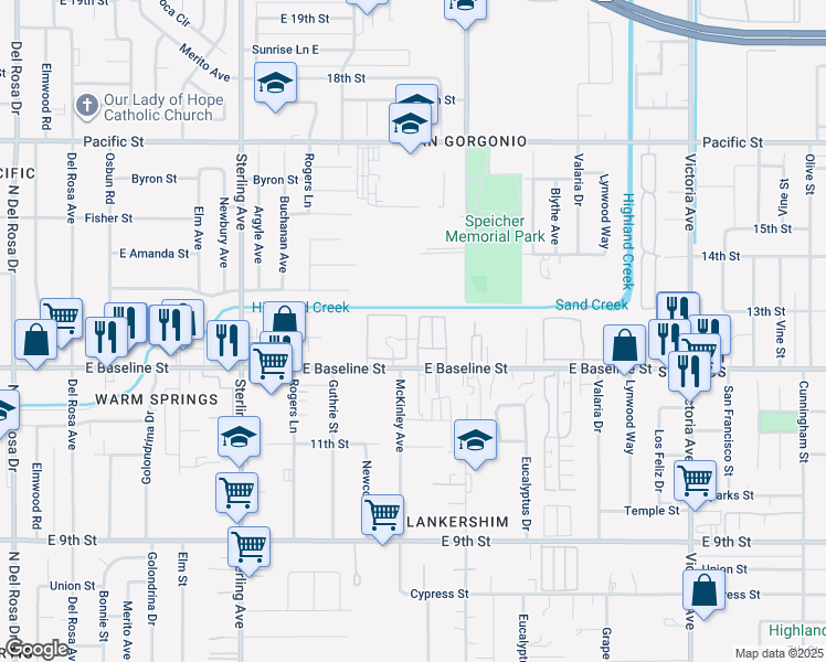 map of restaurants, bars, coffee shops, grocery stores, and more near 25942 East Baseline Street in San Bernardino