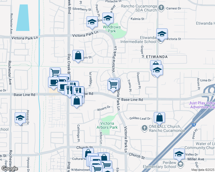 map of restaurants, bars, coffee shops, grocery stores, and more near 7265 Alicante Place in Rancho Cucamonga