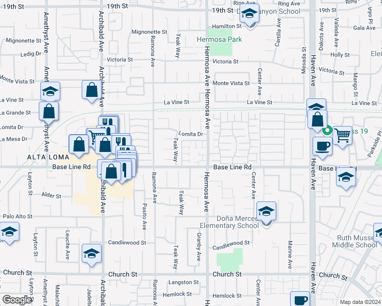map of restaurants, bars, coffee shops, grocery stores, and more near 10016 1/2 Base Line Road in Rancho Cucamonga