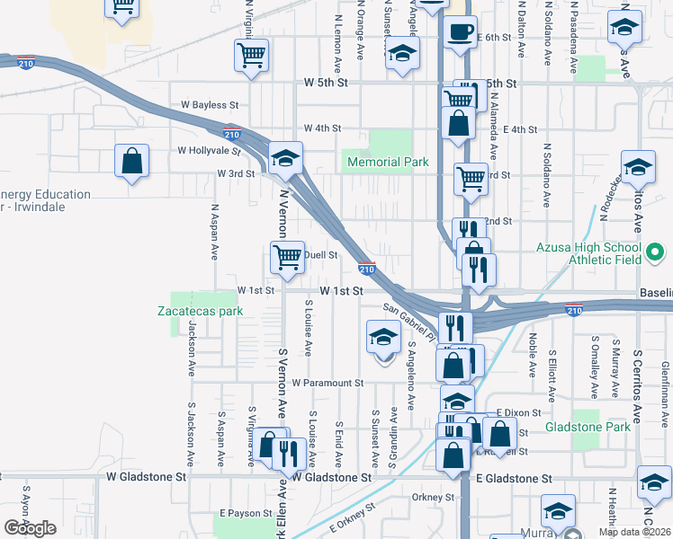 map of restaurants, bars, coffee shops, grocery stores, and more near 543 West 1st Street in Azusa