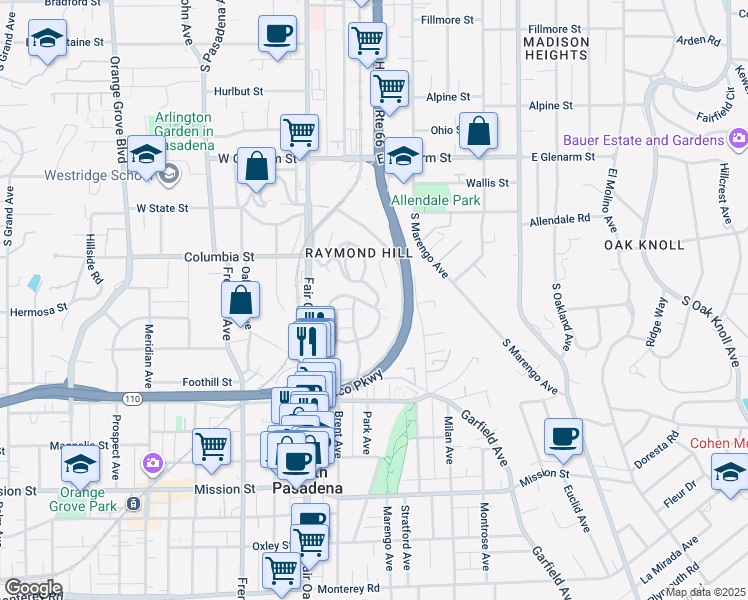 map of restaurants, bars, coffee shops, grocery stores, and more near 1600 Amberwood Drive in South Pasadena