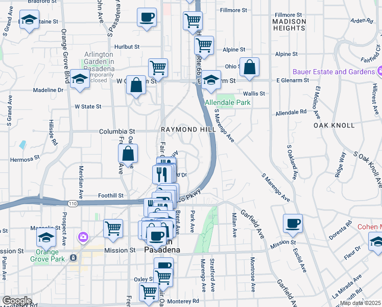 map of restaurants, bars, coffee shops, grocery stores, and more near 1600 Amberwood Drive in South Pasadena