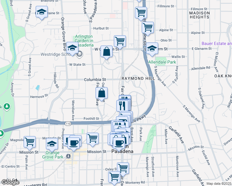 map of restaurants, bars, coffee shops, grocery stores, and more near 325 Fair Oaks Avenue in South Pasadena