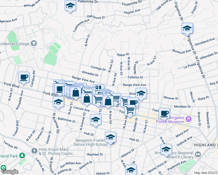 map of restaurants, bars, coffee shops, grocery stores, and more near 5256 Stratford Road in Los Angeles