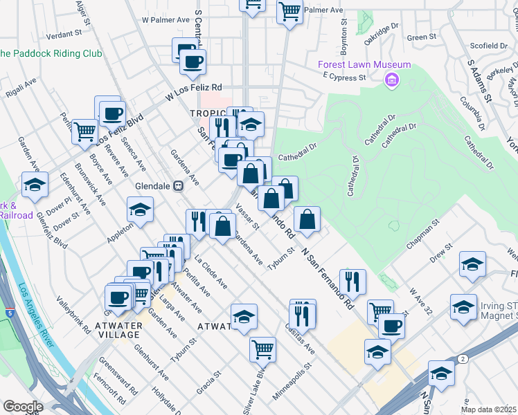 map of restaurants, bars, coffee shops, grocery stores, and more near 1838 Vassar Street in Glendale