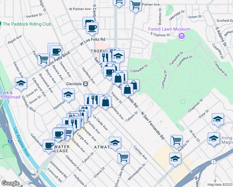 map of restaurants, bars, coffee shops, grocery stores, and more near 1823 Vassar Street in Glendale